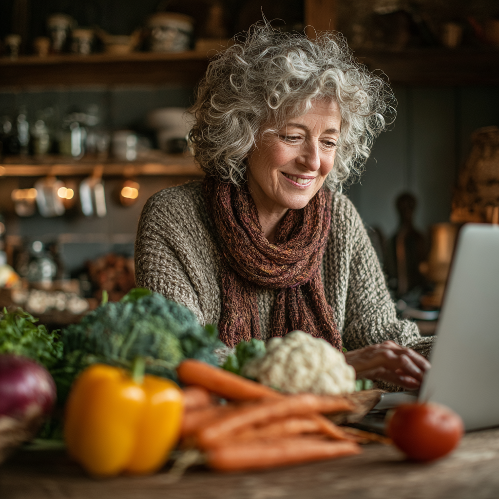 Жінка у віці 55 років планує своє харчування за ноутбуком, на столі свіжі овочі та фрукти