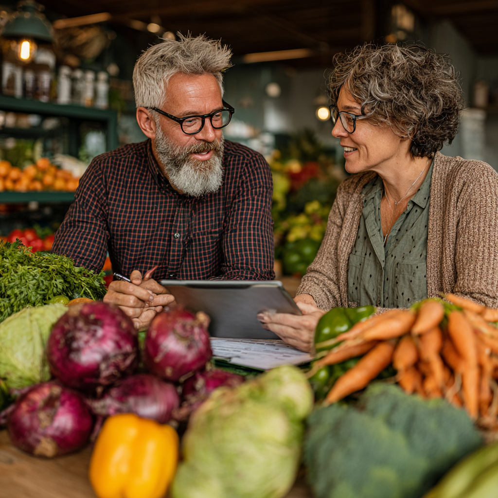 Професійний нутриціолог у віці 58 років консультує клієнта, на столі свіжі продукти та планшет з програмою харчування